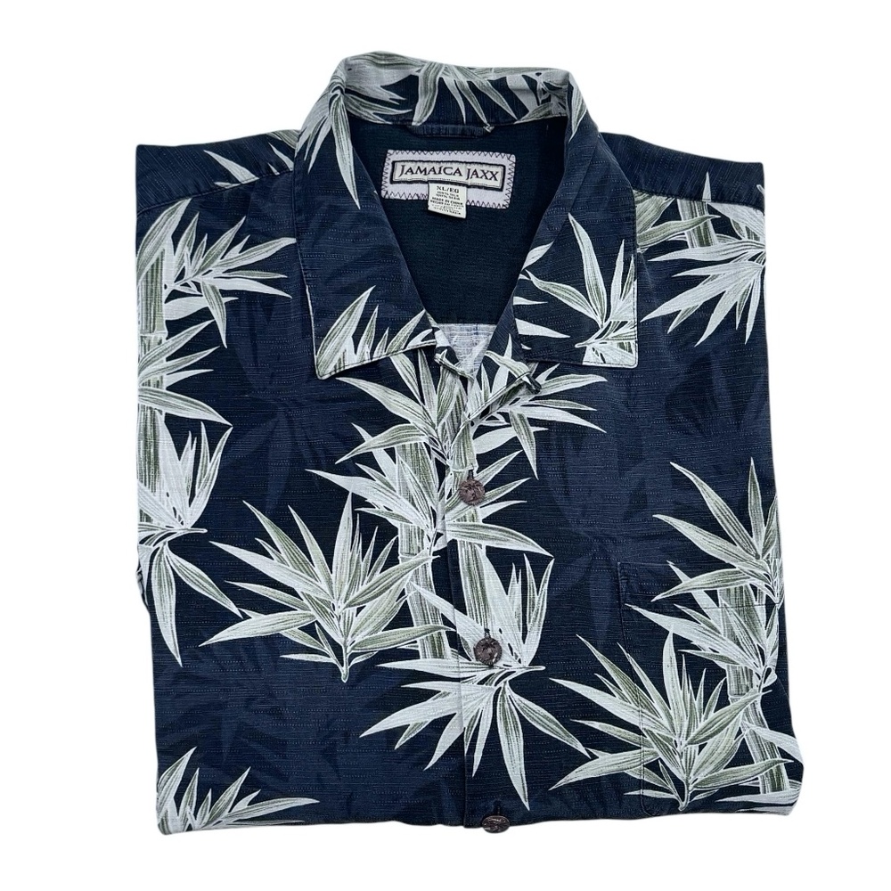 JAMAICA JAXX BLACK BAMBOO PRINT SILK TROPICAL SHORT SLEEVE BUTTON DOWN SHIRT